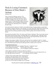 English Worksheet: Tesla Is Losing Customers Because of Elon Musks Actions - Reading