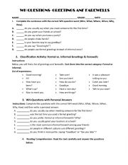English Worksheet: WH QUESTIONS-GREETINGS AND FAREWELLS