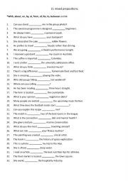 English Worksheet: 11  mixed prepositions:With, about, on, by, at, from, of, for, to, between and in. 4