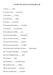 English Worksheet: At On In Worksheet