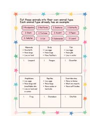 English Worksheet: 6 Animal Types 