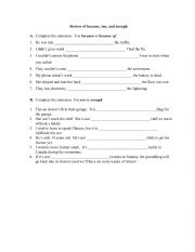 English Worksheet: Review of because, too, and enough
