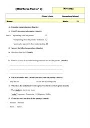 English Worksheet: Mid term test N 1