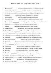 English Worksheet: Relative Clauses who, whose, which, when, where 7