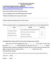 English Worksheet: 1st YSE: Mid-Term Test 2 (B)
