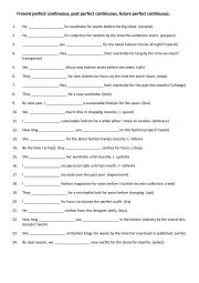 English Worksheet: Present perfect continuous, past perfect continuous, future perfect continuous.  