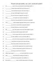 English Worksheet: Present and past ability -can, can�t, could and couldn�t 1