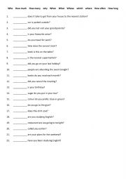 English Worksheet: Who 	How much	How many	why 	When 	What 	Whose	which	where 	How often 	How long