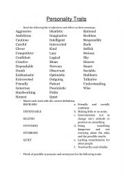 English Worksheet: Personality Traits - Vocabulary list & exercises