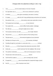 English Worksheet: Change verbs into adjectives ending in -ed or -ing 3