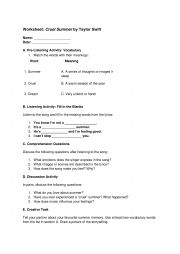 English Worksheet: Song. Cruel Summer by Taylor Swift