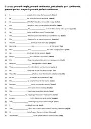 English Worksheet: 6 common tenses: present simple, present continuous, past simple, past continuous, present perfect & future simple