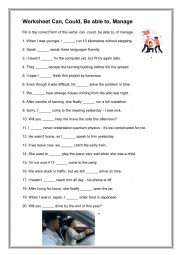 English Worksheet: Ability: can could be able to manage