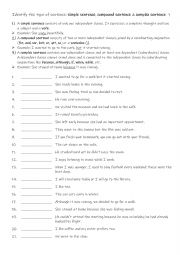 English Worksheet: A2 Identify the 3 types of sentences: simple sentence, compound sentence & complex sentence 1 