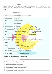 English Worksheet:  can, do, does, like, weekly plan, how often, possesive