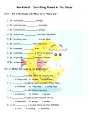 English Worksheet: Worksheet: Describing Rooms in the House using there be with Keys
