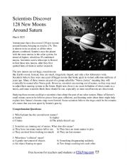English Worksheet: Scientists Discover 128 New Moons Around Saturn