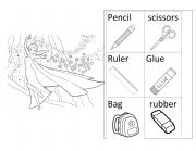 English Worksheet: School Supplies different characters