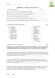 English Worksheet: holidays and celebrations in america
