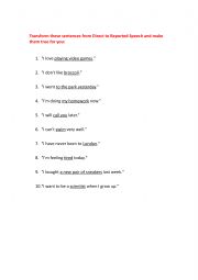 English Worksheet: DIRECT TO REPORTED SPEECH