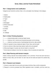 English Worksheet: Grow, Glow, Go Foods 