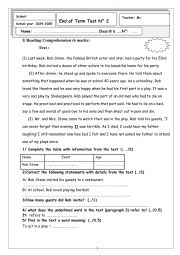 English Worksheet: 8th form End of Term Test 2 Reading Comprehension