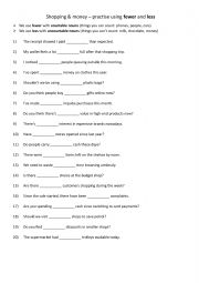 English Worksheet: Shopping & money  practise using fewer and less