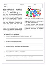 English Worksheet: Social Media - Reading Comprehension