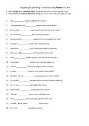 English Worksheet: Shopping & spending   practise using fewer and less