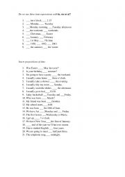 English Worksheet: Prepositions in on at