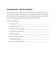 English Worksheet: Reading Comprehension: My day at school