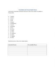 English Worksheet: Countable and uncountable nous exercises 