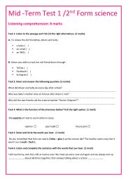 2nd Form Mid- Term Test 1- science - ESL worksheet by habibb