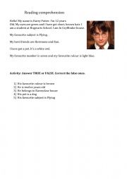 English Worksheet: Reading comprehension hARRY pOTTER
