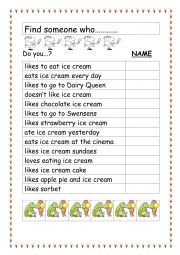 English Worksheet: Find Someone Who Likes Ice Cream