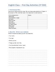 English Worksheet: First day class activities