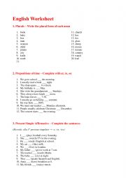 English Worksheet: REVISION EXERCISES: Plurals, preposition: in on at (time) Present Simple