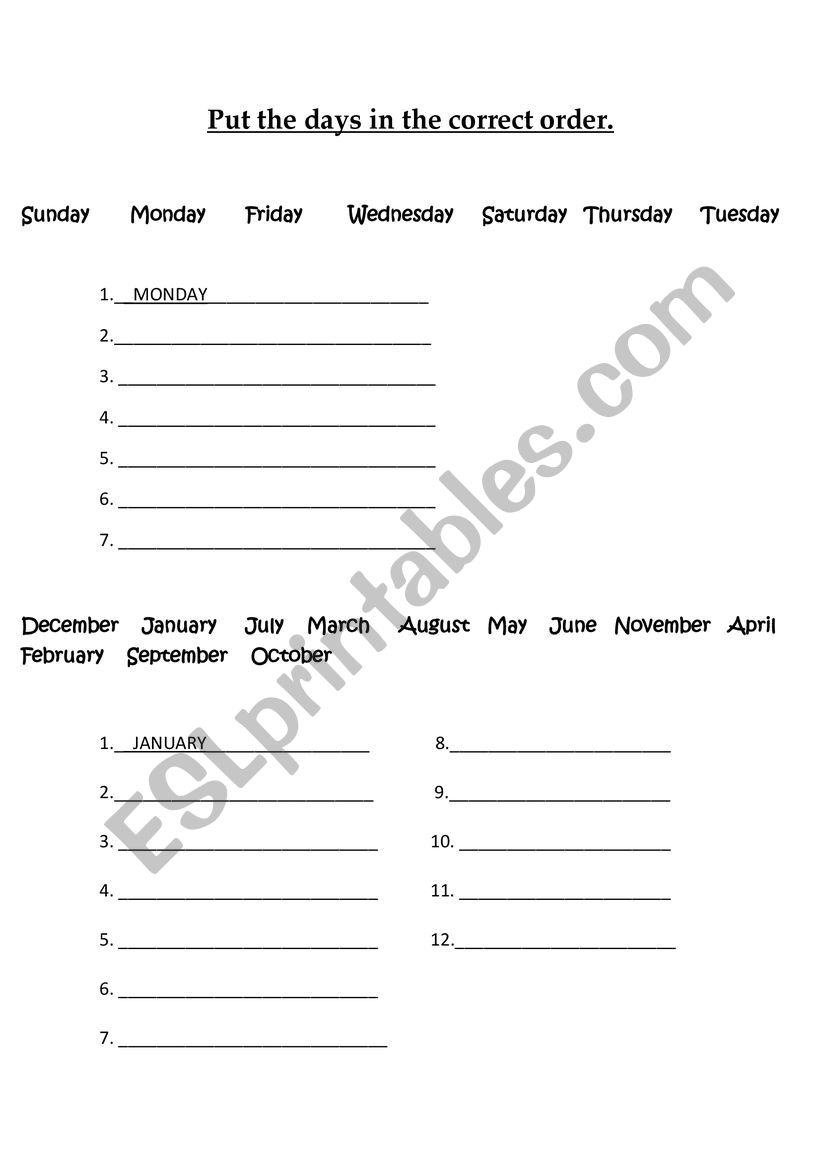 Days and Months worksheet worksheet