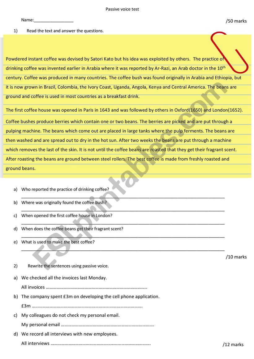 Test passive voice and enquiry letter with key