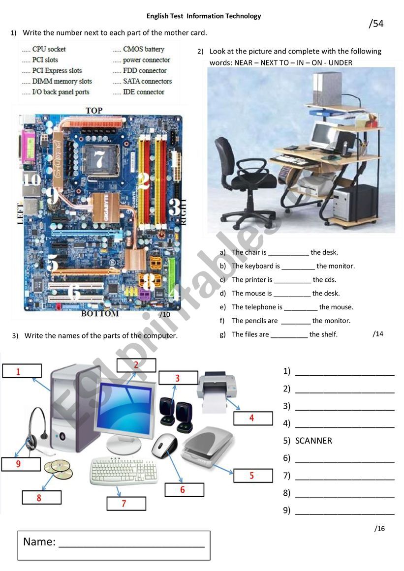 English test information technology and prepositions of place