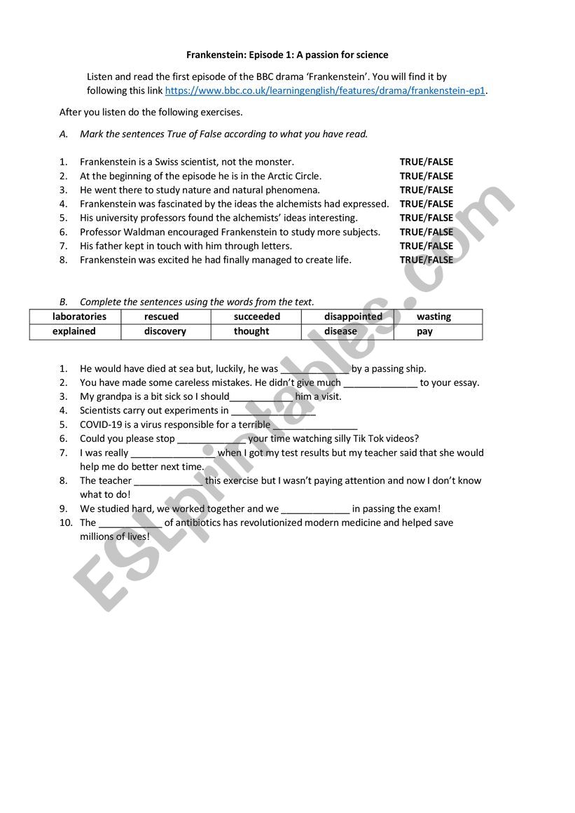 Frankenstein bbc episode 1 worksheet