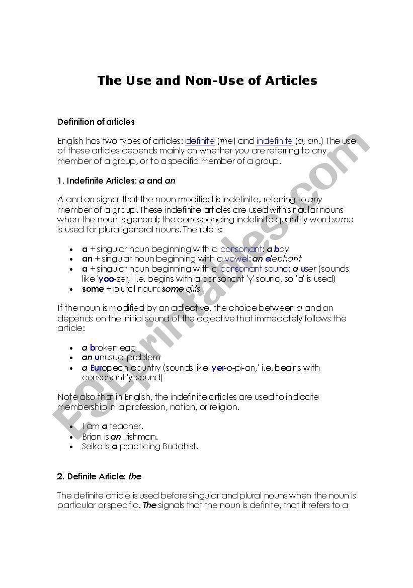 THE  AND NO ARTICLE worksheet
