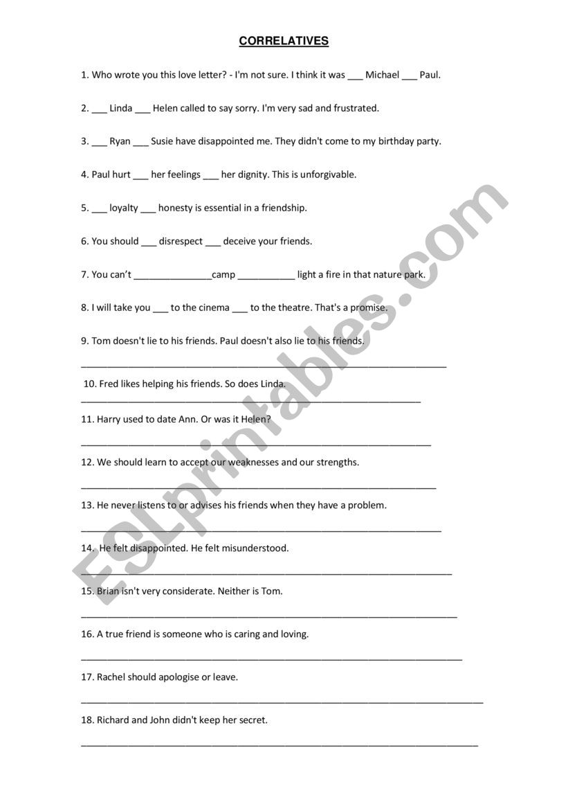 Correlatives worksheet