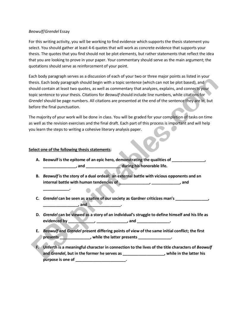 Essay Activity worksheet