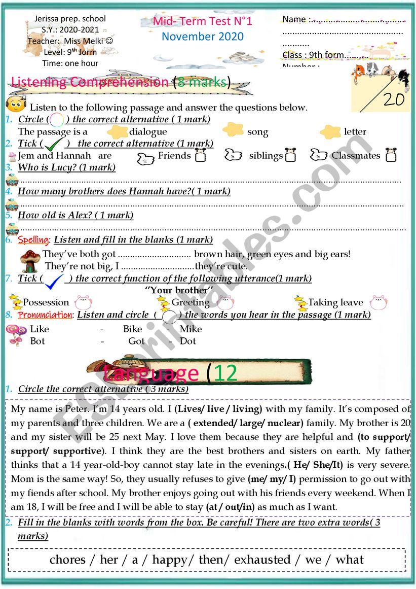 9th form test worksheet