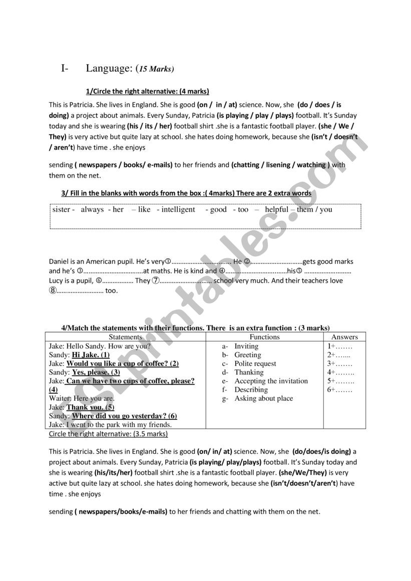 7th form end of  term test 1 language