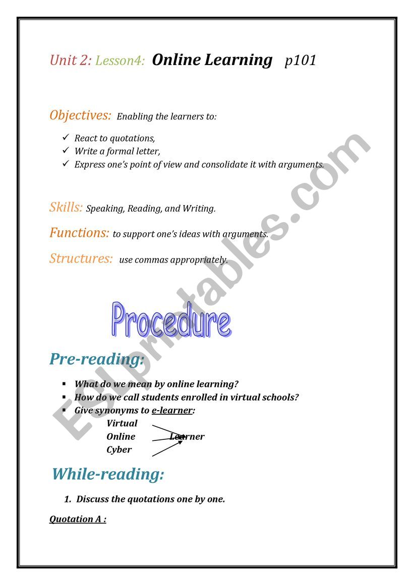 online learning worksheet