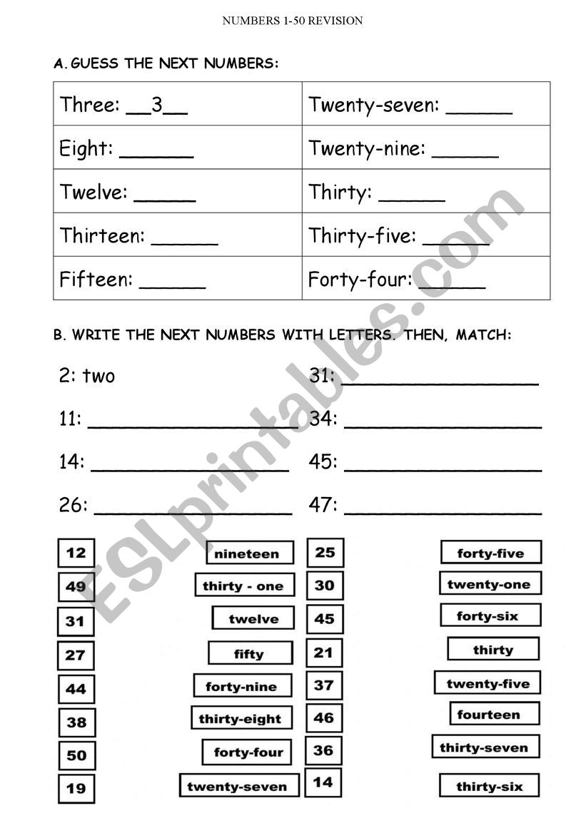 Numbers 1 to 50 revision worksheet