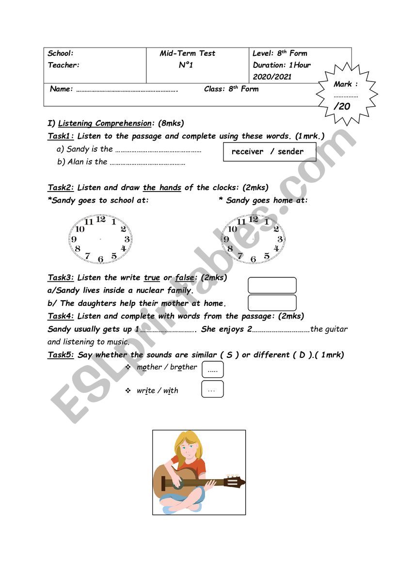 8th form Mid-Term Test 1 worksheet