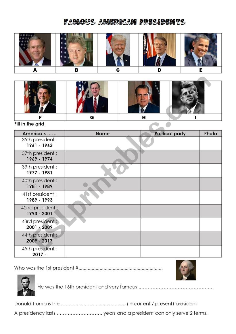 American former presidents worksheet
